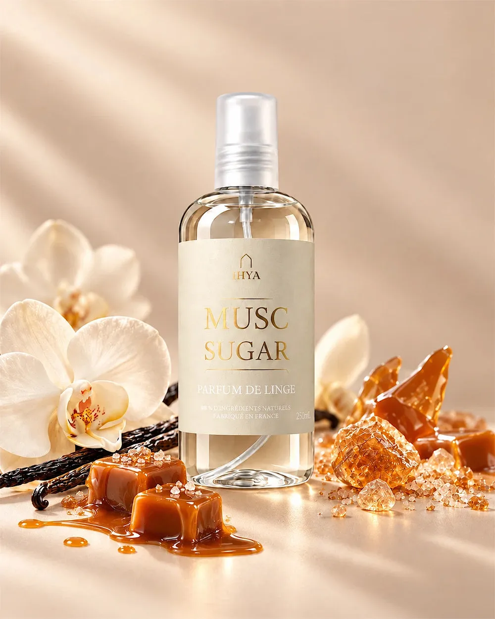 Parfum de linge IHYA Musc Sugar et ses notes : caramel, vanille, musc blanc