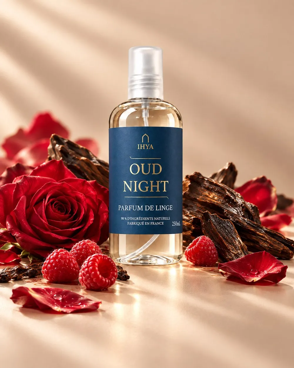 Parfum de linge IHYA Oud Night et ses notes : oud, framboise, rose